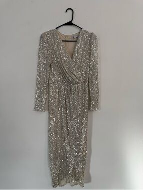 Ivy City Co Silver Sequin Wrap-Front Long Sleeve Gown